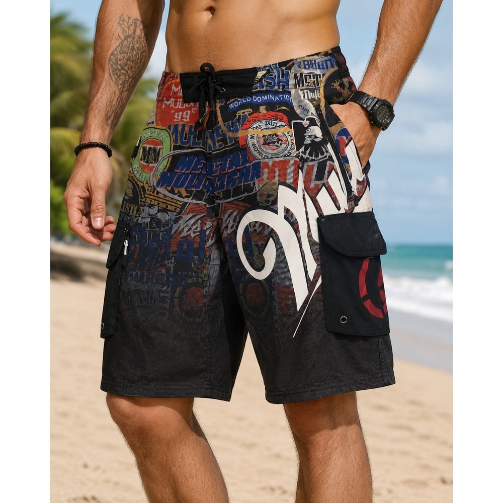 Metal Mulisha Mens 34 Board Shorts Graphic Cargo Swim Trunks Surf Y2K